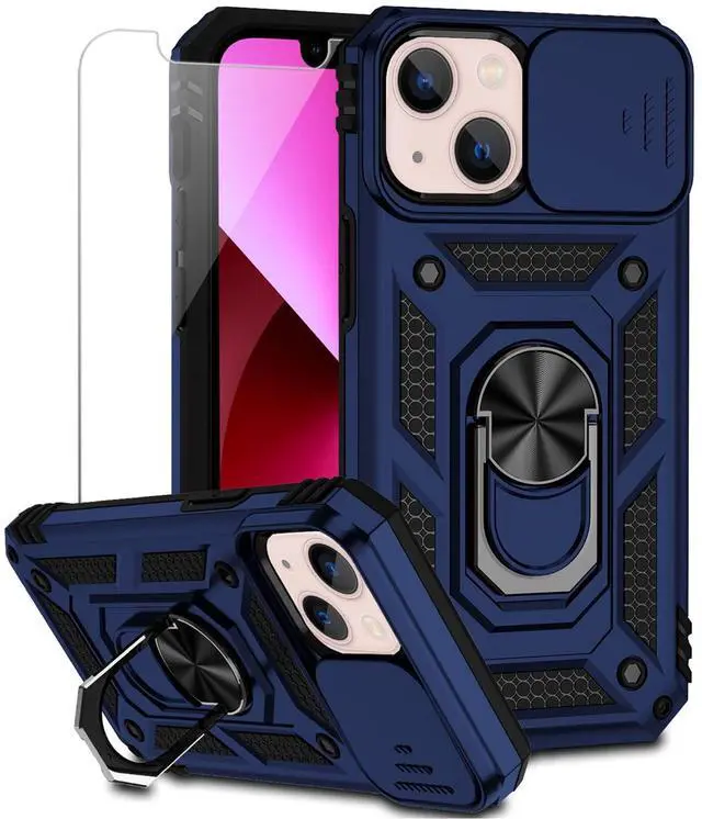 Main image of iPhone 13 Case with Screen Protector, Dual Layer Drop Protection, Magnetic Ring Holder - Navy Blue