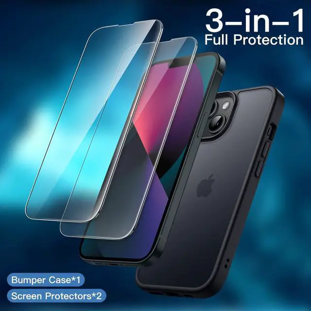 Alt view image 3 of 6 - 3 in 1 Matte Case for iPhone 13 6.1-Inch with 2-Pack Tempered Glass Screen Protector, Translucent Frosted Shockproof Phone Cover (Black)