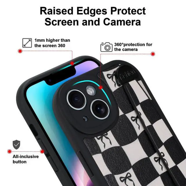 Alt view image 2 of 6 - Compatible with iPhone 14 Case with Strap, Classic Checkered Checkerboard Bow Phone Case with Finger Strap Kickstand, Shockproof Protective Cover, Black Checkered Bow