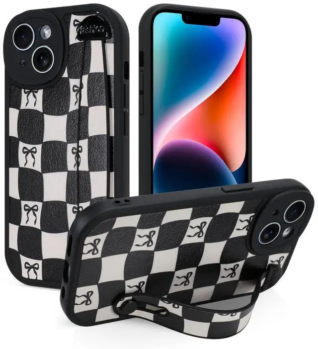 Main image of Compatible with iPhone 14 Case with Strap, Classic Checkered Checkerboard Bow Phone Case with Finger Strap Kickstand, Shockproof Protective Cover, Black Checkered Bow