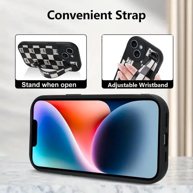Alt view image 5 of 6 - Compatible with iPhone 14 Case with Strap, Classic Checkered Checkerboard Bow Phone Case with Finger Strap Kickstand, Shockproof Protective Cover, Black Checkered Bow