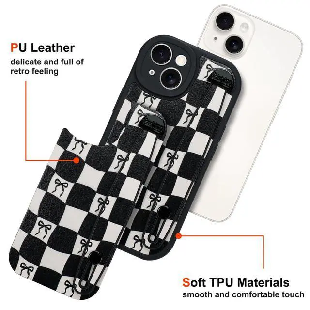 Alt view image 3 of 6 - Compatible with iPhone 14 Case with Strap, Classic Checkered Checkerboard Bow Phone Case with Finger Strap Kickstand, Shockproof Protective Cover, Black Checkered Bow