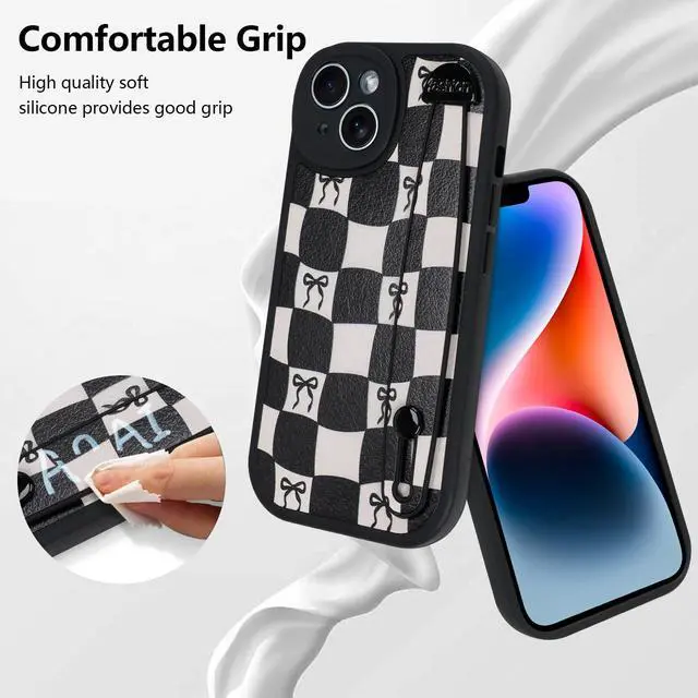 Alt view image 4 of 6 - Compatible with iPhone 14 Case with Strap, Classic Checkered Checkerboard Bow Phone Case with Finger Strap Kickstand, Shockproof Protective Cover, Black Checkered Bow
