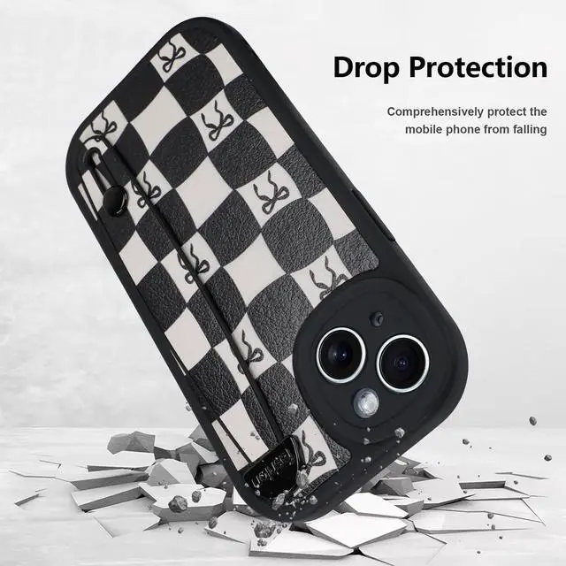 Alt view image 6 of 6 - Compatible with iPhone 14 Case with Strap, Classic Checkered Checkerboard Bow Phone Case with Finger Strap Kickstand, Shockproof Protective Cover, Black Checkered Bow