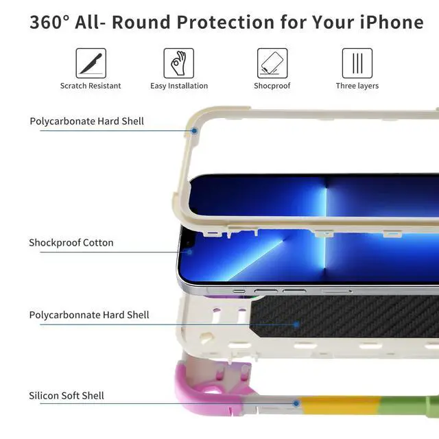 Alt view image 3 of 7 - for iPhone 14 Case/iPhone 13 Case 6.1 Inch with Ring Stand, with 2 Pack Glass Screen Protector + 1 Pack Camera Lens Protector,Heavy-Duty Shockproof Rugged Cover (Rainbow White)