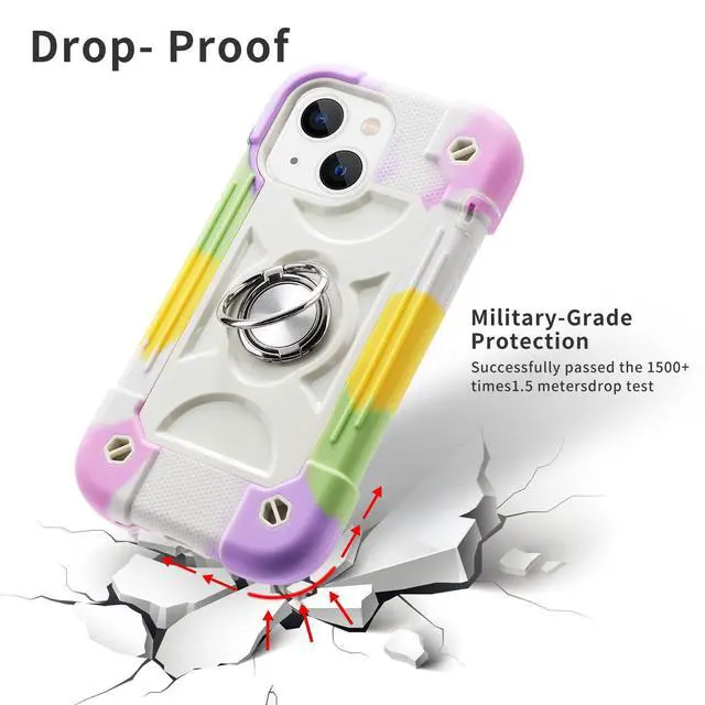 Alt view image 4 of 7 - for iPhone 14 Case/iPhone 13 Case 6.1 Inch with Ring Stand, with 2 Pack Glass Screen Protector + 1 Pack Camera Lens Protector,Heavy-Duty Shockproof Rugged Cover (Rainbow White)