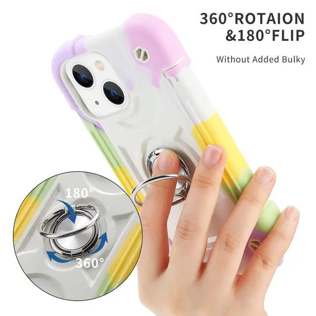 Alt view image 5 of 7 - for iPhone 14 Case/iPhone 13 Case 6.1 Inch with Ring Stand, with 2 Pack Glass Screen Protector + 1 Pack Camera Lens Protector,Heavy-Duty Shockproof Rugged Cover (Rainbow White)