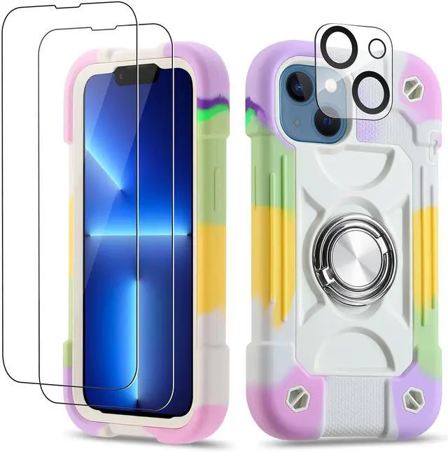Main image of for iPhone 14 Case/iPhone 13 Case 6.1 Inch with Ring Stand, with 2 Pack Glass Screen Protector + 1 Pack Camera Lens Protector,Heavy-Duty Shockproof Rugged Cover (Rainbow White)