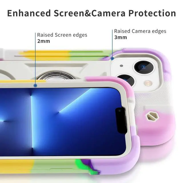 Alt view image 7 of 7 - for iPhone 14 Case/iPhone 13 Case 6.1 Inch with Ring Stand, with 2 Pack Glass Screen Protector + 1 Pack Camera Lens Protector,Heavy-Duty Shockproof Rugged Cover (Rainbow White)