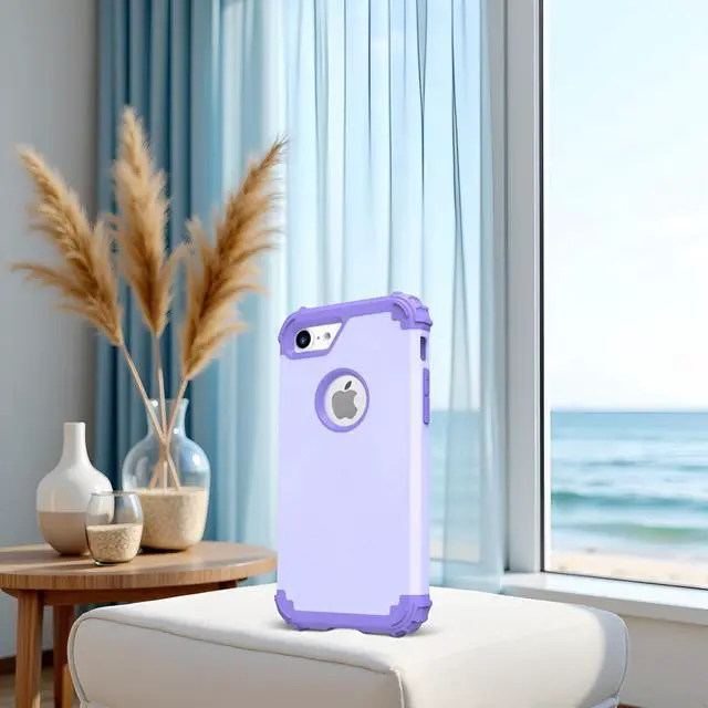 Alt view image 4 of 7 - for iPhone 8 Case & for iPhone 7 Case with Screen Protector (Tempered Glass),3 in 1 Shockproof Hybrid Heavy Duty Hard PC Cover Soft Silicone Sturdy Bumper Full Body Sturdy Case, Purple