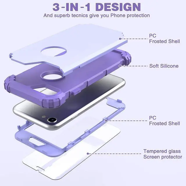Alt view image 6 of 7 - for iPhone 8 Case & for iPhone 7 Case with Screen Protector (Tempered Glass),3 in 1 Shockproof Hybrid Heavy Duty Hard PC Cover Soft Silicone Sturdy Bumper Full Body Sturdy Case, Purple