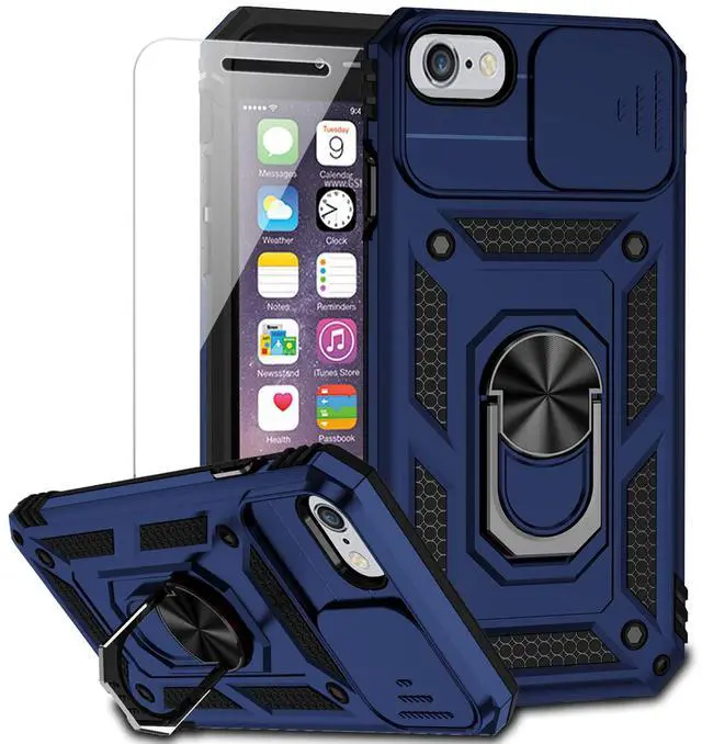 Main image of for iPhone SE (3rd and 2nd gen) 2022 and iPhone 8/7/6 Case with Camera Lens Cover HD Screen Protector, Military Grade Drop Protection Magnetic Ring Holder Kickstand Protective Phone Case (Navy Blue)