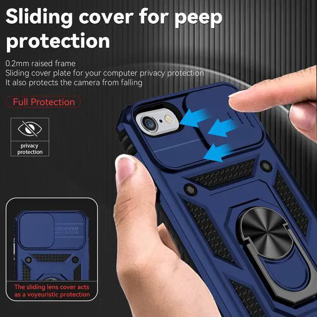Alt view image 4 of 7 - for iPhone SE (3rd and 2nd gen) 2022 and iPhone 8/7/6 Case with Camera Lens Cover HD Screen Protector, Military Grade Drop Protection Magnetic Ring Holder Kickstand Protective Phone Case (Navy Blue)
