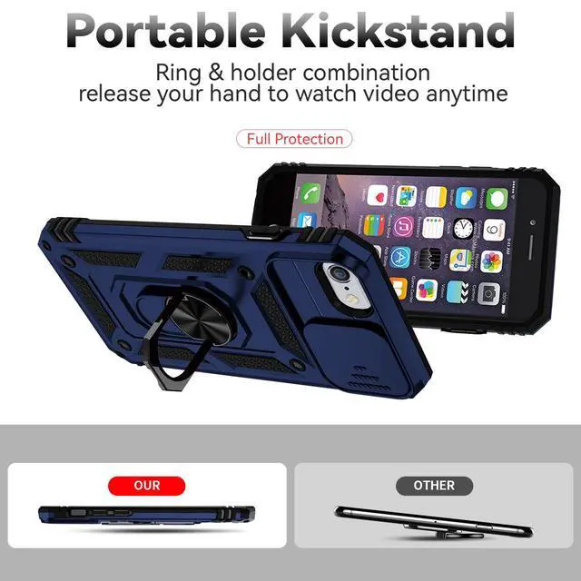 Alt view image 7 of 7 - for iPhone SE (3rd and 2nd gen) 2022 and iPhone 8/7/6 Case with Camera Lens Cover HD Screen Protector, Military Grade Drop Protection Magnetic Ring Holder Kickstand Protective Phone Case (Navy Blue)
