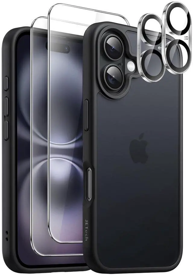 Main image of 5 in 1 Matte Case for iPhone 16 6.1-Inch with 2-Pack Each Tempered Glass Screen Protector and Camera Lens Protector, Translucent Back Shockproof Phone Cover (Black)