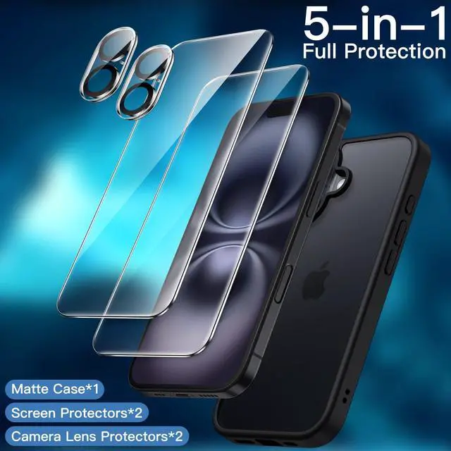 Alt view image 3 of 7 - 5 in 1 Matte Case for iPhone 16 6.1-Inch with 2-Pack Each Tempered Glass Screen Protector and Camera Lens Protector, Translucent Back Shockproof Phone Cover (Black)