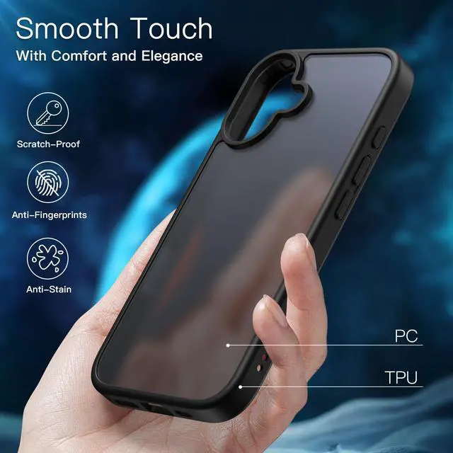 Alt view image 4 of 7 - 5 in 1 Matte Case for iPhone 16 6.1-Inch with 2-Pack Each Tempered Glass Screen Protector and Camera Lens Protector, Translucent Back Shockproof Phone Cover (Black)