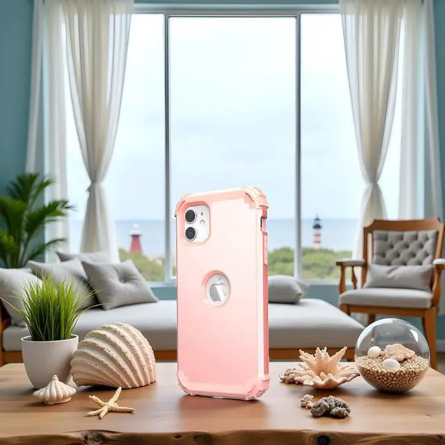 Alt view image 5 of 7 - for iPhone 11 Case with Screen Protector(Tempered Glass), Hybrid 3 in 1 Shockproof Slim Fit Heavy Duty Protection Hard PC Cover Soft Silicone Bumper Full Body Case,Rose Gold