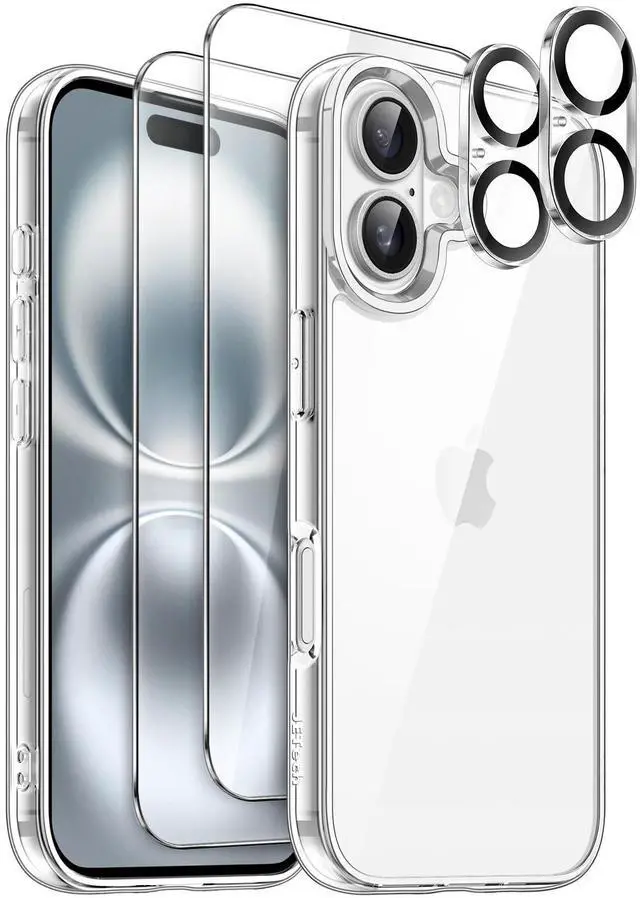Main image of 5 in 1 Case for iPhone 16 6.1-Inch with 2 Pack Each Tempered Glass Screen Protectors and Camera Lens Protectors, Non-Yellowing Shockproof Bumper Phone Cover (Clear)