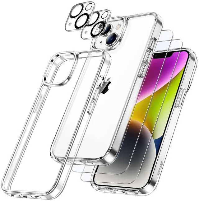 Main image of 5 in 1 Case for iPhone 14 6.1-Inch, with 2-Pack Screen Protector and Camera Lens Protector, Non-Yellowing Shockproof Bumper Phone Cover, Full Coverage Tempered Glass Film (Clear)