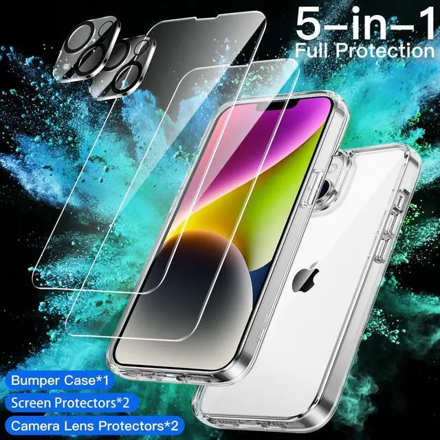 Alt view image 2 of 7 - 5 in 1 Case for iPhone 14 6.1-Inch, with 2-Pack Screen Protector and Camera Lens Protector, Non-Yellowing Shockproof Bumper Phone Cover, Full Coverage Tempered Glass Film (Clear)