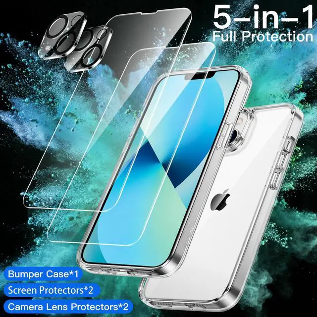 Alt view image 2 of 7 - 5 in 1 Case for iPhone 13 6.1-Inch, with 2-Pack Screen Protector and Camera Lens Protector, Non-Yellowing Shockproof Bumper Phone Cover, Full Coverage Tempered Glass Film (Clear)