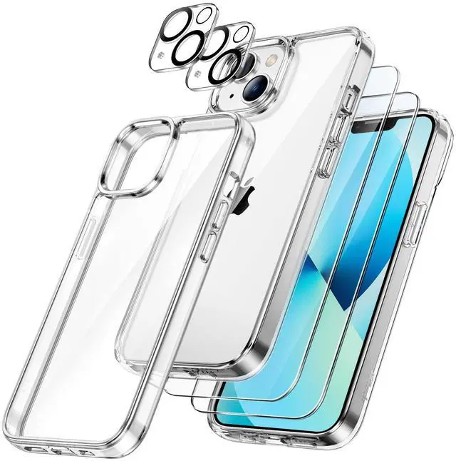 Main image of 5 in 1 Case for iPhone 13 6.1-Inch, with 2-Pack Screen Protector and Camera Lens Protector, Non-Yellowing Shockproof Bumper Phone Cover, Full Coverage Tempered Glass Film (Clear)