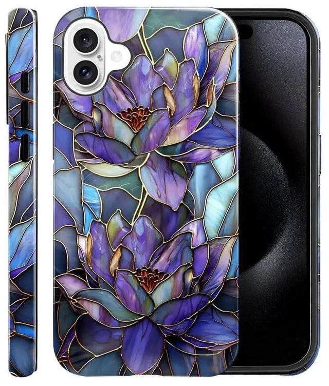 Main image of Case for iPhone 16,Glossy Case Cover for Women Girls,Drop Scratch Protective-Abstract Purple Lotus