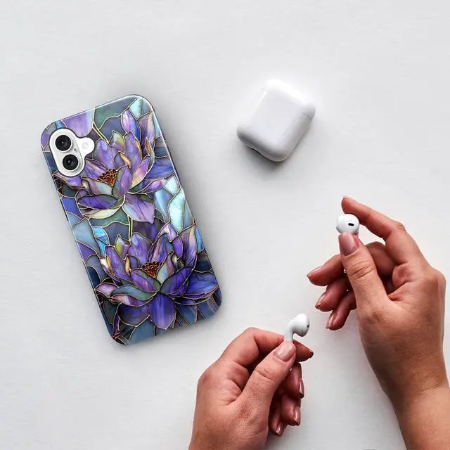 Alt view image 3 of 5 - Case for iPhone 16,Glossy Case Cover for Women Girls,Drop Scratch Protective-Abstract Purple Lotus