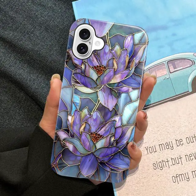 Alt view image 5 of 5 - Case for iPhone 16,Glossy Case Cover for Women Girls,Drop Scratch Protective-Abstract Purple Lotus