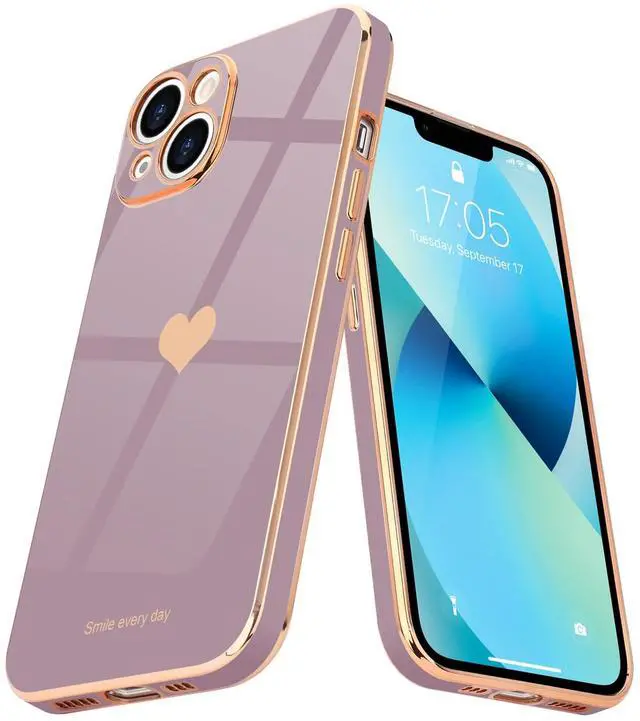 Main image of Compatible with iPhone 13 Case for Girl Women Cute Love-Heart Luxury Bling Plating Soft Back Cover Raised Camera Protection Bumper Silicone Shockproof Phone Case for iPhone 13, Lavender