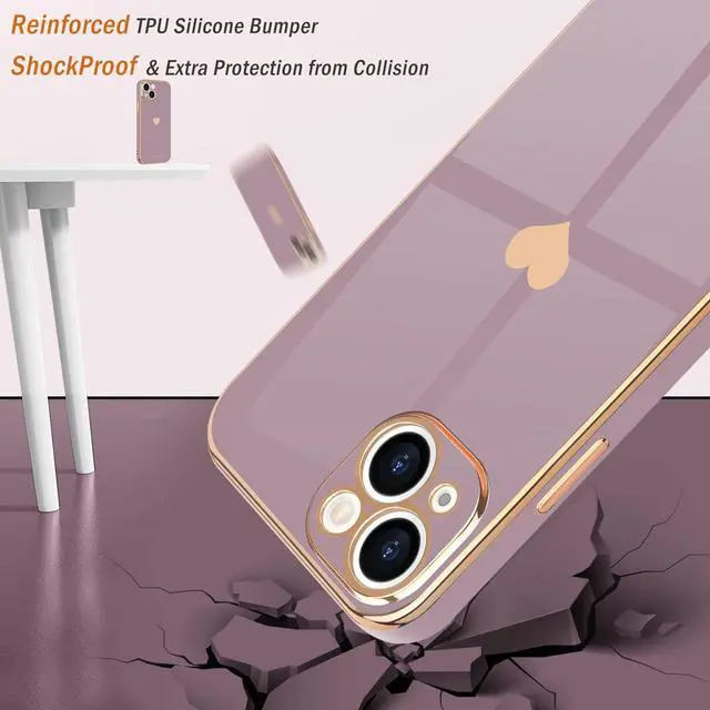 Alt view image 5 of 7 - Compatible with iPhone 13 Case for Girl Women Cute Love-Heart Luxury Bling Plating Soft Back Cover Raised Camera Protection Bumper Silicone Shockproof Phone Case for iPhone 13, Lavender