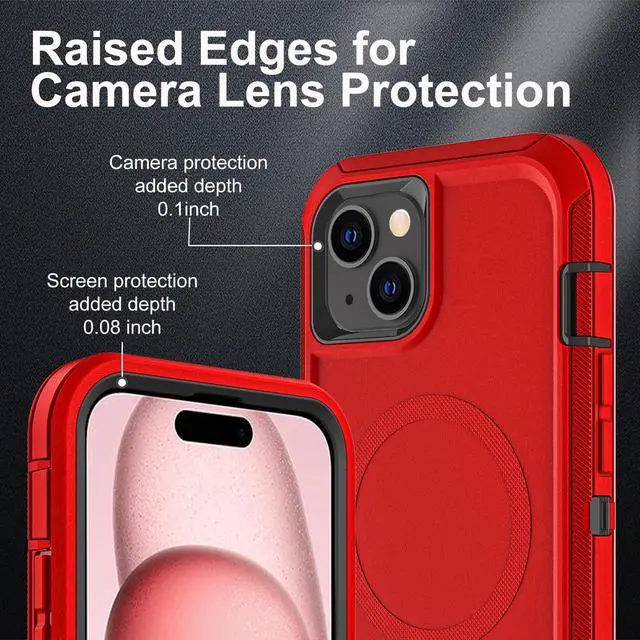Alt view image 3 of 6 - for iPhone 15 Case, Compatible with Magsafe, Military Grade 3 in 1 Heavy Duty Shockproof/Drop Proof/Dust Proof Case with 2Pcs Tempered Glass Screen Protector (New-Red/Black)