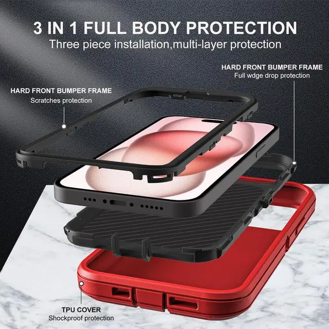 Alt view image 4 of 6 - for iPhone 15 Case, Compatible with Magsafe, Military Grade 3 in 1 Heavy Duty Shockproof/Drop Proof/Dust Proof Case with 2Pcs Tempered Glass Screen Protector (New-Red/Black)