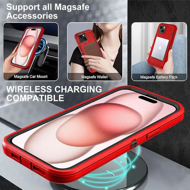Alt view image 5 of 6 - for iPhone 15 Case, Compatible with Magsafe, Military Grade 3 in 1 Heavy Duty Shockproof/Drop Proof/Dust Proof Case with 2Pcs Tempered Glass Screen Protector (New-Red/Black)