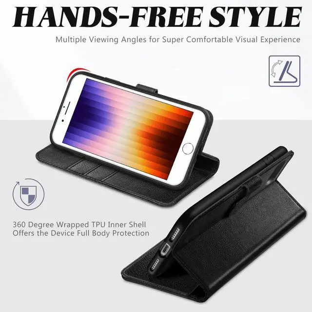 Alt view image 4 of 7 - Case Wallet for iPhone SE 2022/SE 2020/iPhone 8/7, Card Holder Kickstand PU Leather Magnetic Folio Flip Cover TPU Protective Interior Case Compatible with iPhone 7/8/SE2/SE3, Textured Black
