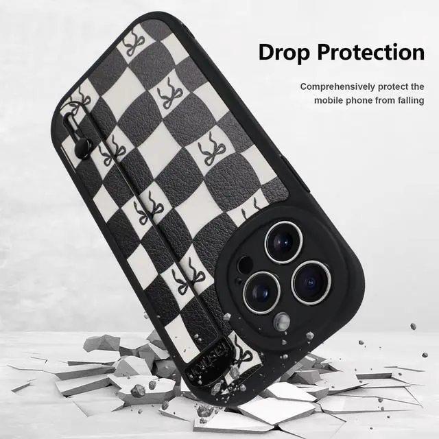 Alt view image 6 of 6 - Compatible with iPhone 14 Pro Max Case with Strap, Classic Checkered Checkerboard Bow Phone Case with Finger Strap Kickstand, Shockproof Protective Cover, Black Checkered Bow