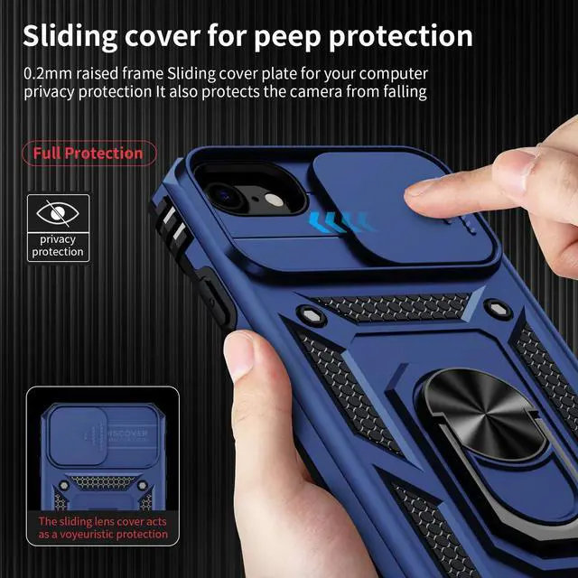Alt view image 3 of 7 - for iPhone SE 3rd Generation / 2nd Generation Case, iPhone SE 2022/2020, iPhone 8/7/6 Case with Slide Camera Cover HD Screen Protector Heavy Duty Kickstand Phone Case,Navy Blue