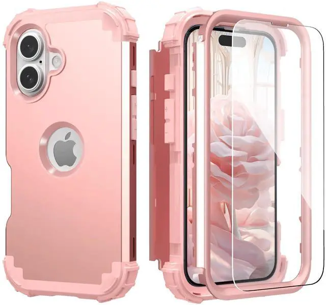 Main image of for iPhone 16 Case with Screen Protector for Women, 3 in 1 Shockproof Slim Fit Hybrid Heavy Duty Hard PC Cover Soft Silicone Bumper Full Body Anti-Fingerprint Case, Rose Gold