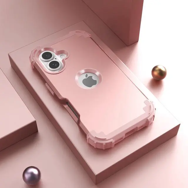 Alt view image 3 of 7 - for iPhone 16 Case with Screen Protector for Women, 3 in 1 Shockproof Slim Fit Hybrid Heavy Duty Hard PC Cover Soft Silicone Bumper Full Body Anti-Fingerprint Case, Rose Gold