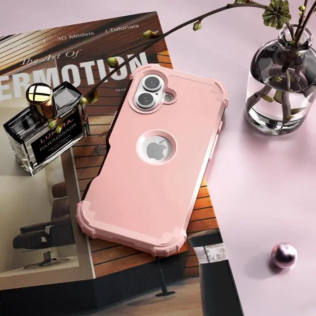 Alt view image 4 of 7 - for iPhone 16 Case with Screen Protector for Women, 3 in 1 Shockproof Slim Fit Hybrid Heavy Duty Hard PC Cover Soft Silicone Bumper Full Body Anti-Fingerprint Case, Rose Gold