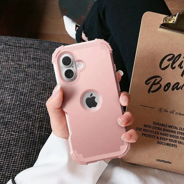 Alt view image 6 of 7 - for iPhone 16 Case with Screen Protector for Women, 3 in 1 Shockproof Slim Fit Hybrid Heavy Duty Hard PC Cover Soft Silicone Bumper Full Body Anti-Fingerprint Case, Rose Gold