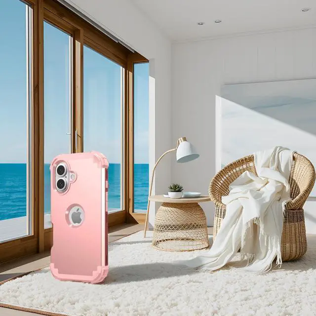 Alt view image 5 of 7 - for iPhone 16 Case with Screen Protector for Women, 3 in 1 Shockproof Slim Fit Hybrid Heavy Duty Hard PC Cover Soft Silicone Bumper Full Body Anti-Fingerprint Case, Rose Gold