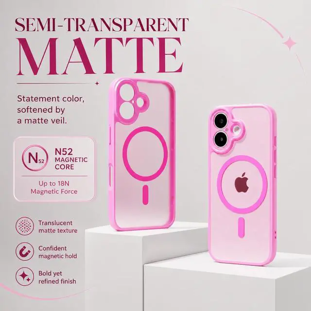 Alt view image 2 of 7 - Magnetic Shockproof for iPhone 16 Case, 14FT Military Protective Cover, Anti-Slip Texture Translucent Matte Phone Case with 2 Screen Protector for iPhone 16 - Hot Pink