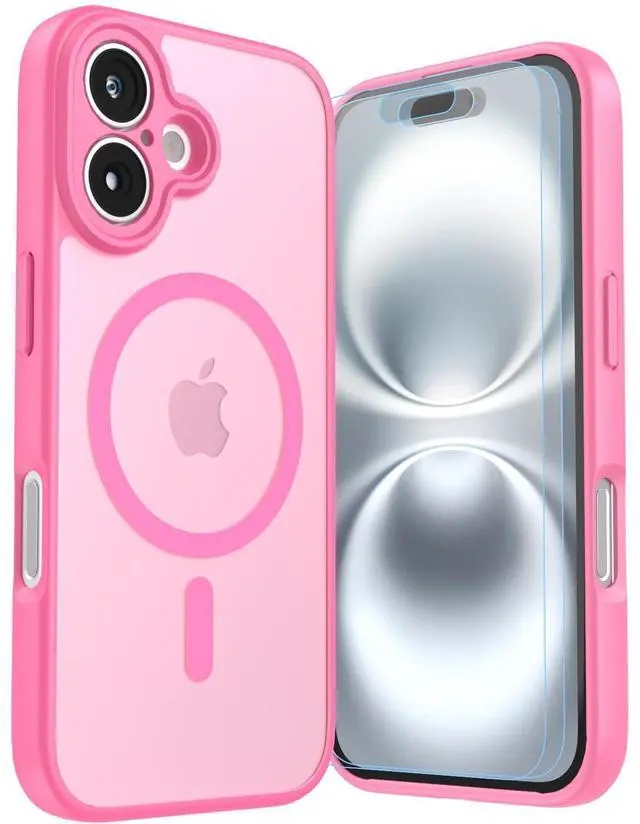 Main image of Magnetic Shockproof for iPhone 16 Case, 14FT Military Protective Cover, Anti-Slip Texture Translucent Matte Phone Case with 2 Screen Protector for iPhone 16 - Hot Pink