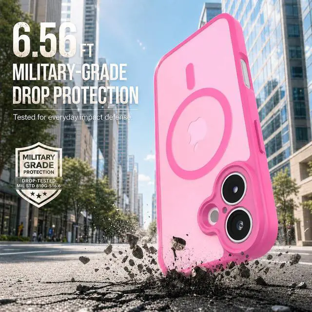 Alt view image 3 of 7 - Magnetic Shockproof for iPhone 16 Case, 14FT Military Protective Cover, Anti-Slip Texture Translucent Matte Phone Case with 2 Screen Protector for iPhone 16 - Hot Pink