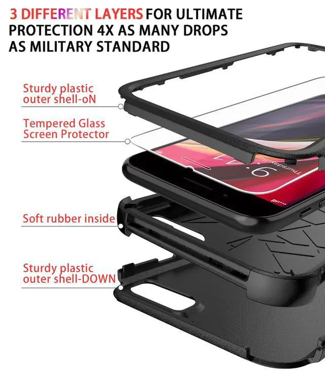 Alt view image 6 of 7 - Designed for iPhone SE case with Screen Protector Heavy Duty Shockproof Shock-Resistant Cases for Apple iPhone se Phone 2022/2020 Release - Black