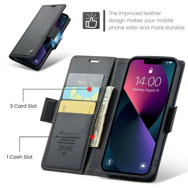 Alt view image 2 of 7 - Wallet Case for iPhone 13/14, Premium PU Leather Magnetic Flip Folio Case with RFID Blocking Credit Card Slots Kickstand Shockproof Protective Phone Case Cover - Black