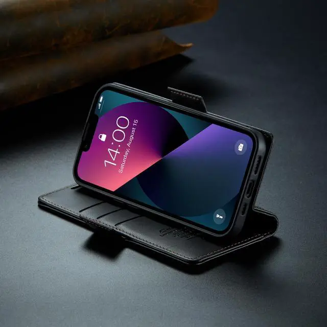 Alt view image 6 of 7 - Wallet Case for iPhone 13/14, Premium PU Leather Magnetic Flip Folio Case with RFID Blocking Credit Card Slots Kickstand Shockproof Protective Phone Case Cover - Black