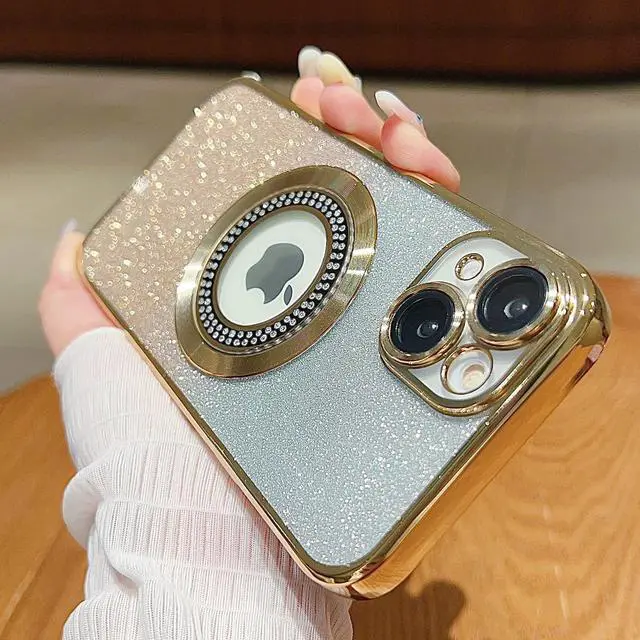 Alt view image 3 of 7 - for iPhone 14 Magnetic Glitter Case Compatible with MagSafe,Full Protection Slim Shockproof Anti-Scratch Case with Camera Lens Protector Logo View Dust-Proof Net for Women Gold